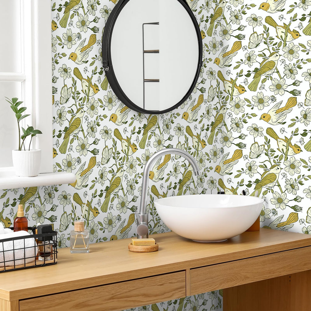 VaryPaper Selbstklebende Tapete Vogel und Blumen – Vintage Klebefolie Beige 44,5 x 200 cm