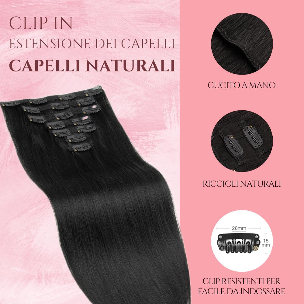 Doupor Clip-in Haarverlängerungen Echthaar Schwarz 40cm