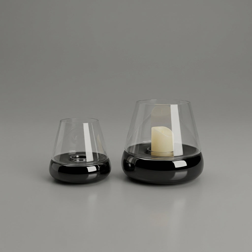 Windlicht mit transparentem Aufsatz und schwarzem Sockel, S und L