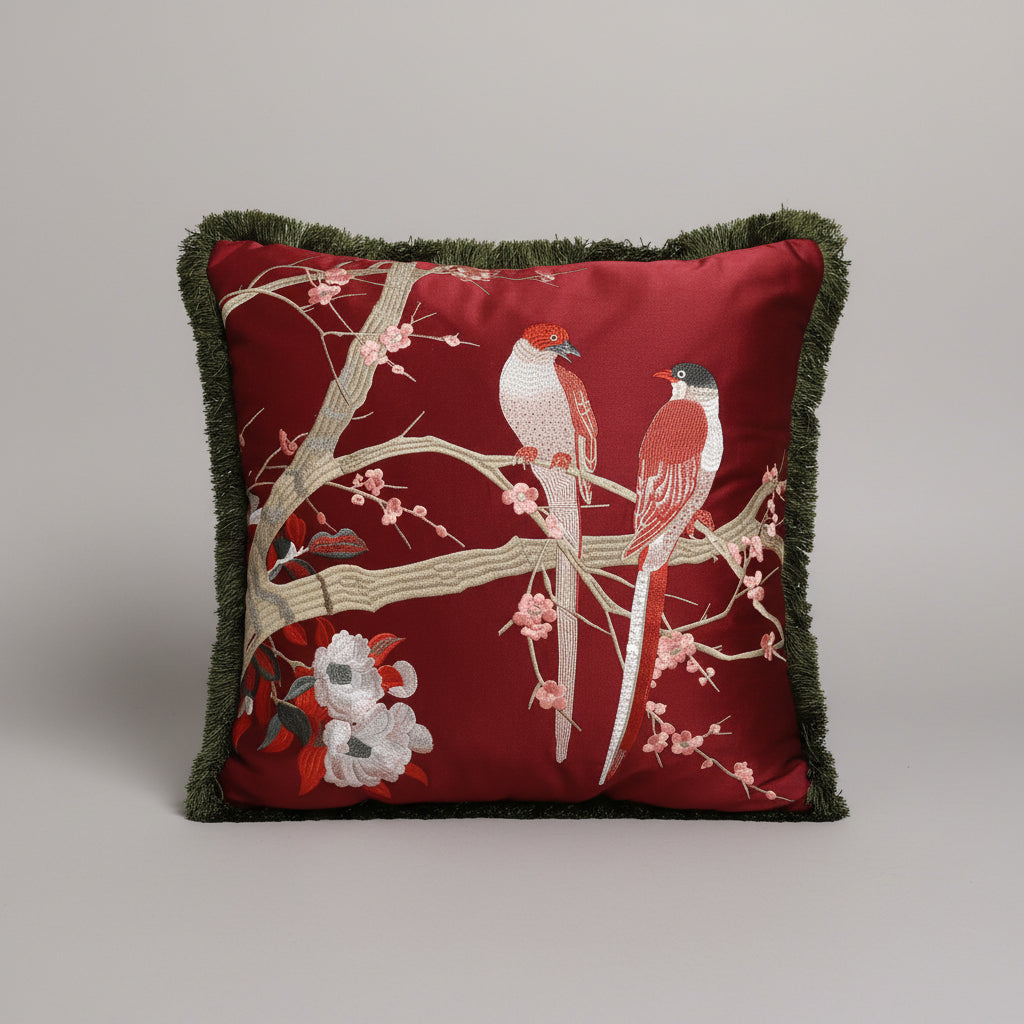 Dekokissen Rot mit Vogelmotiv und Fransen 45 x 45 cm