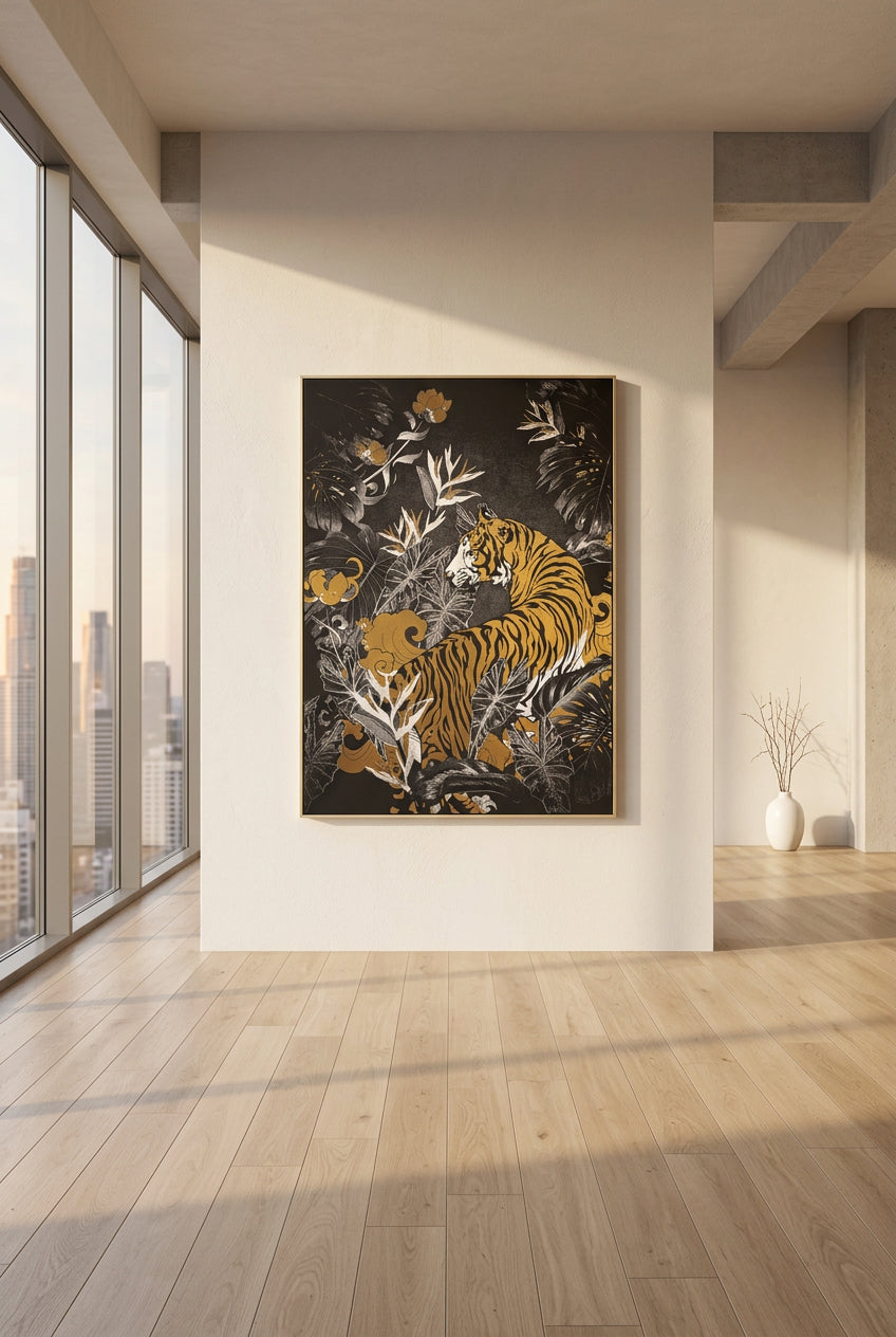 Wandbild Tiger mit Pflanzenmotiv in Schwarz und Goldoptik, 100 x 140 cm