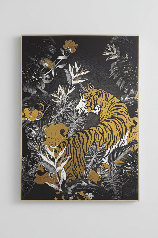 Wandbild Tiger mit Pflanzenmotiv in Schwarz und Goldoptik, 100 x 140 cm