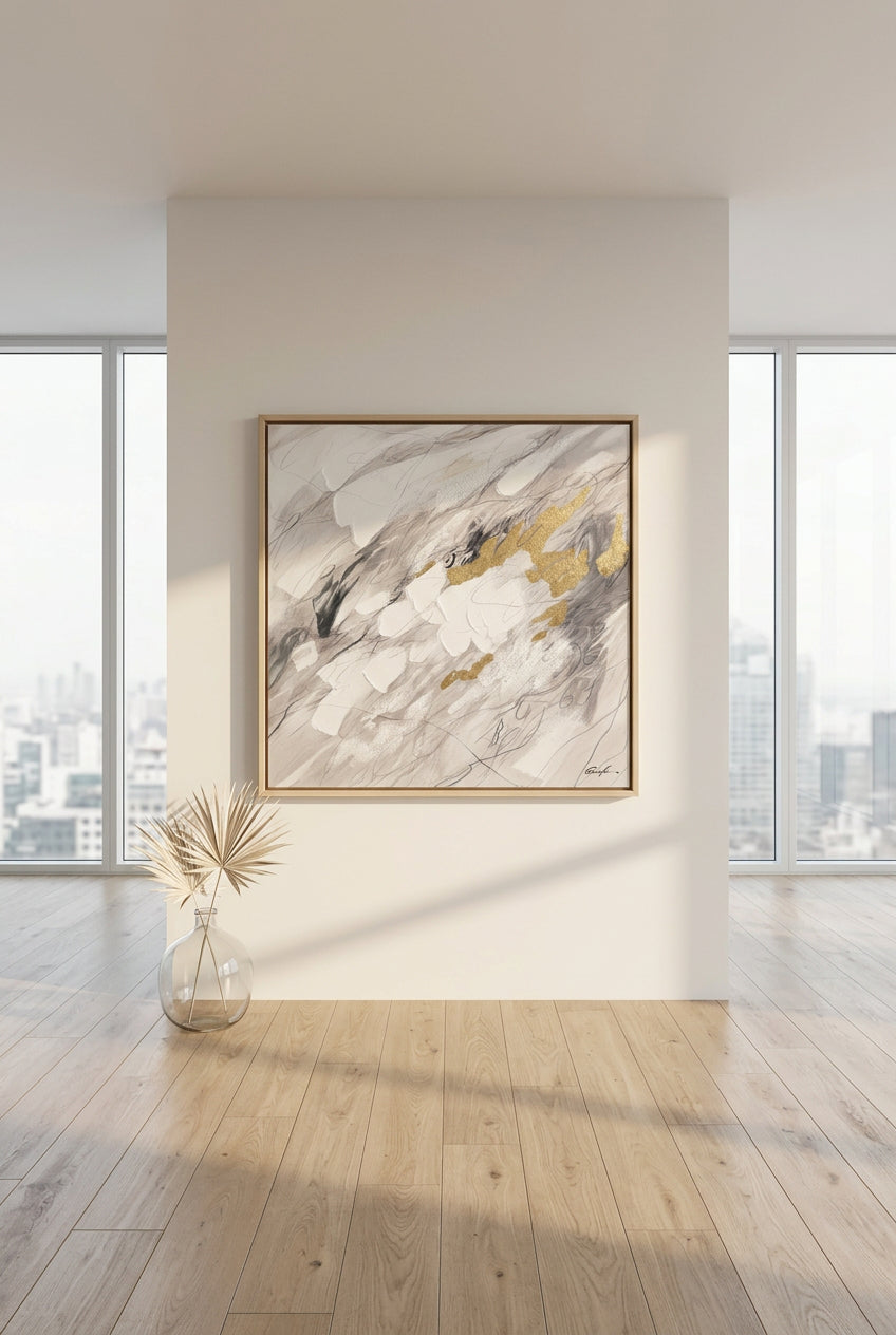 Abstraktes Wandbild in Weiß, Grau und Goldoptik, 120 x 120 cm