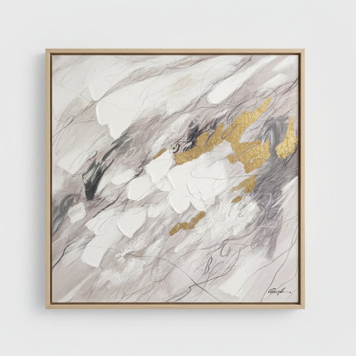 Abstraktes Wandbild in Weiß, Grau und Goldoptik, 120 x 120 cm