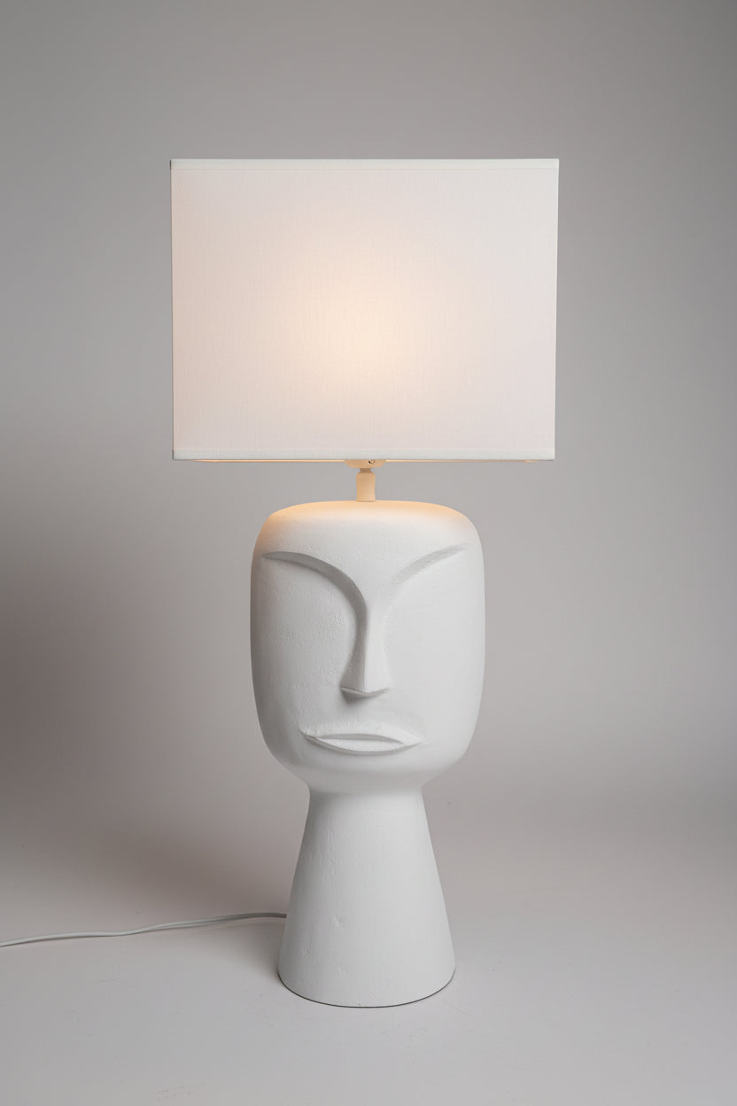 Tischlampe mit Gesichtsmotiv und eckigem Schirm, Weiß, 61 cm