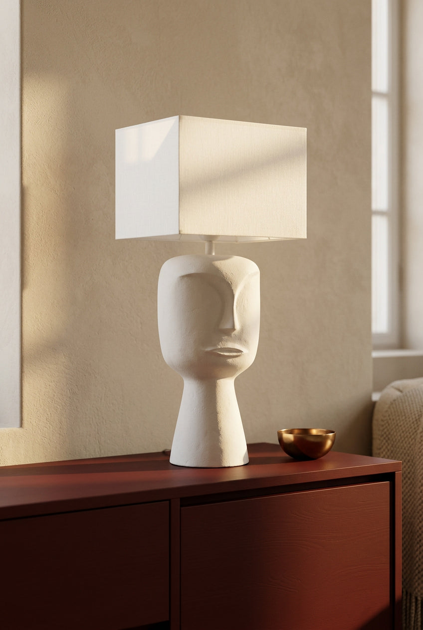 Tischlampe mit Gesichtsmotiv und eckigem Schirm, Weiß, 61 cm