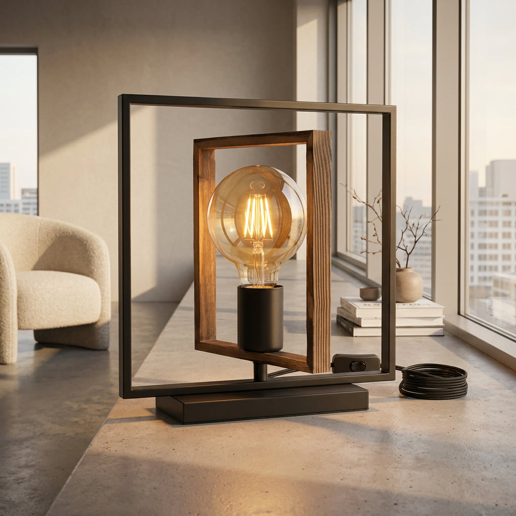 Tischlampe im Industrial-Stil mit geometrischem Rahmen