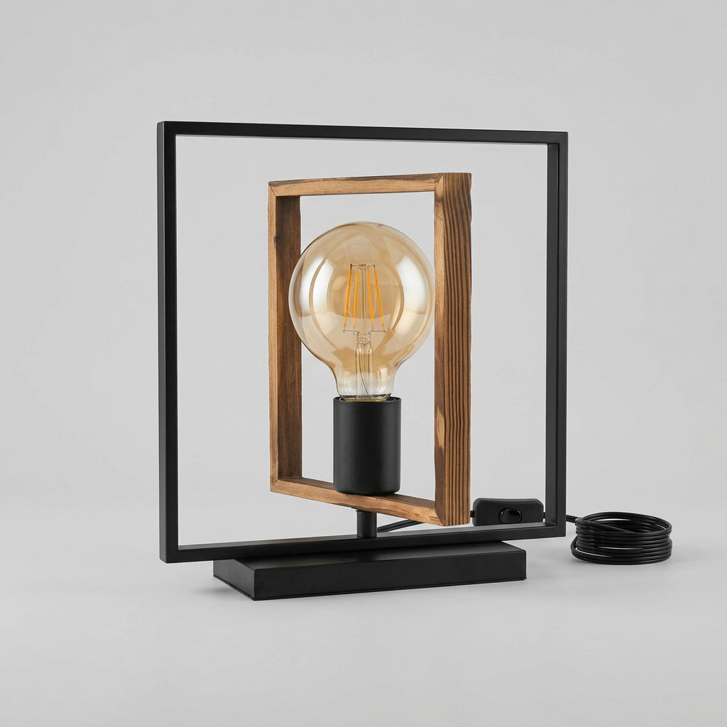 Tischlampe im Industrial-Stil mit geometrischem Rahmen