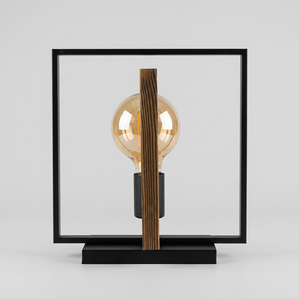 Tischlampe im Industrial-Stil mit geometrischem Rahmen