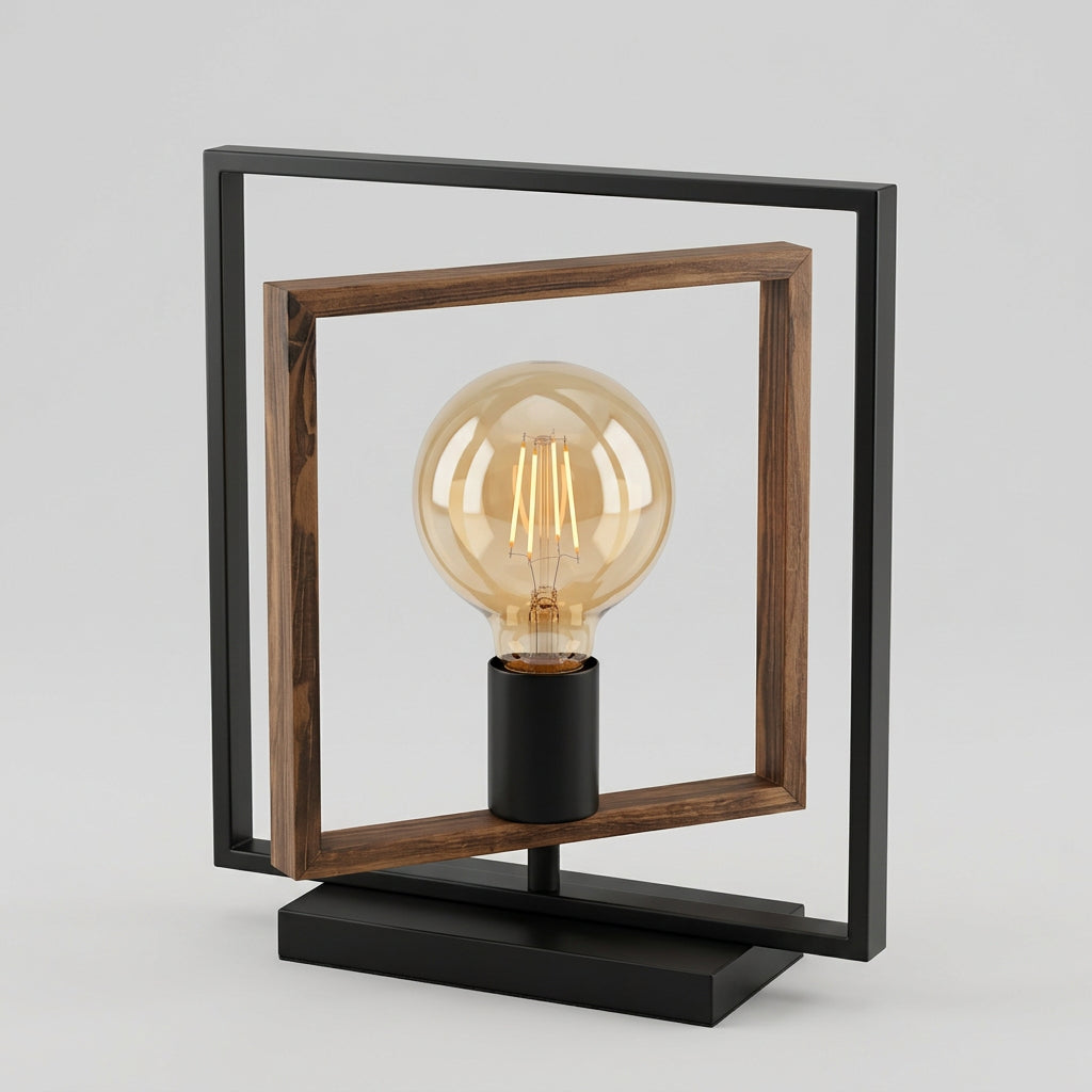 Tischlampe im Industrial-Stil mit geometrischem Rahmen