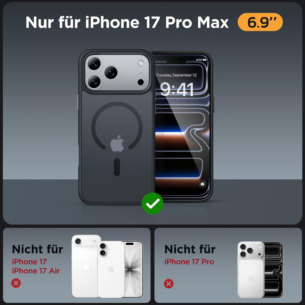 Miracase Hülle – iPhone 17 Pro Max, MagSafe, Gehärtetes Glas, Mattschwarz