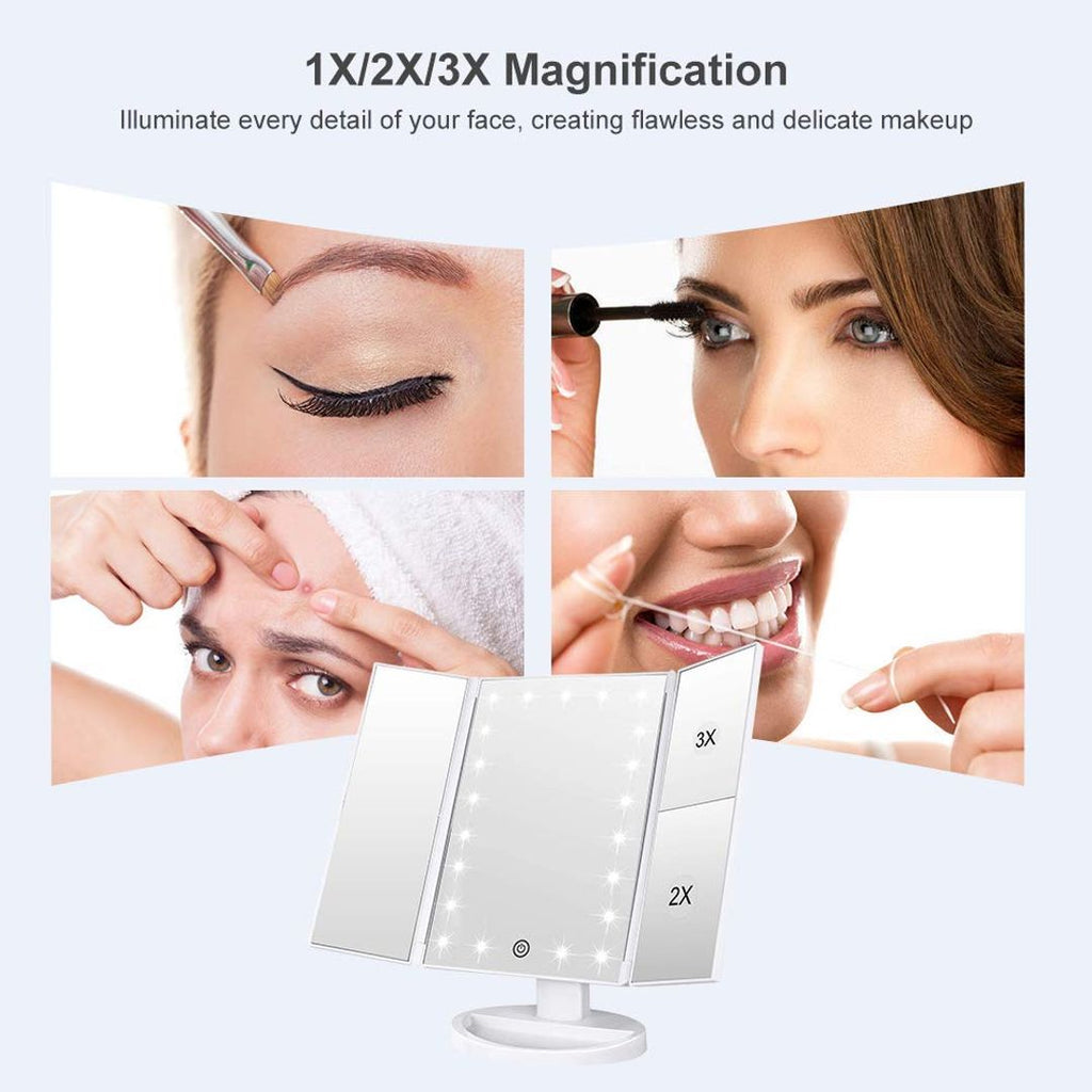 Schminkspiegel mit 21 LEDs – Dreifach, 2X/3X Vergrößerung, Touch-Schalter, Weiss
