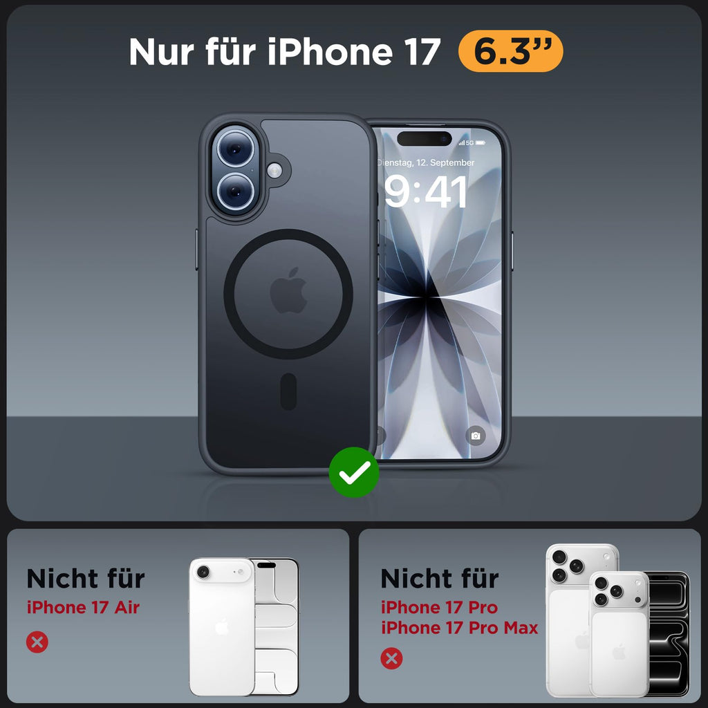 iPhone 17 Hülle – MagSafe, Gehärtetes Glas, Militärstandard, Stossfest, Mattschwarz, 6,3 Zoll