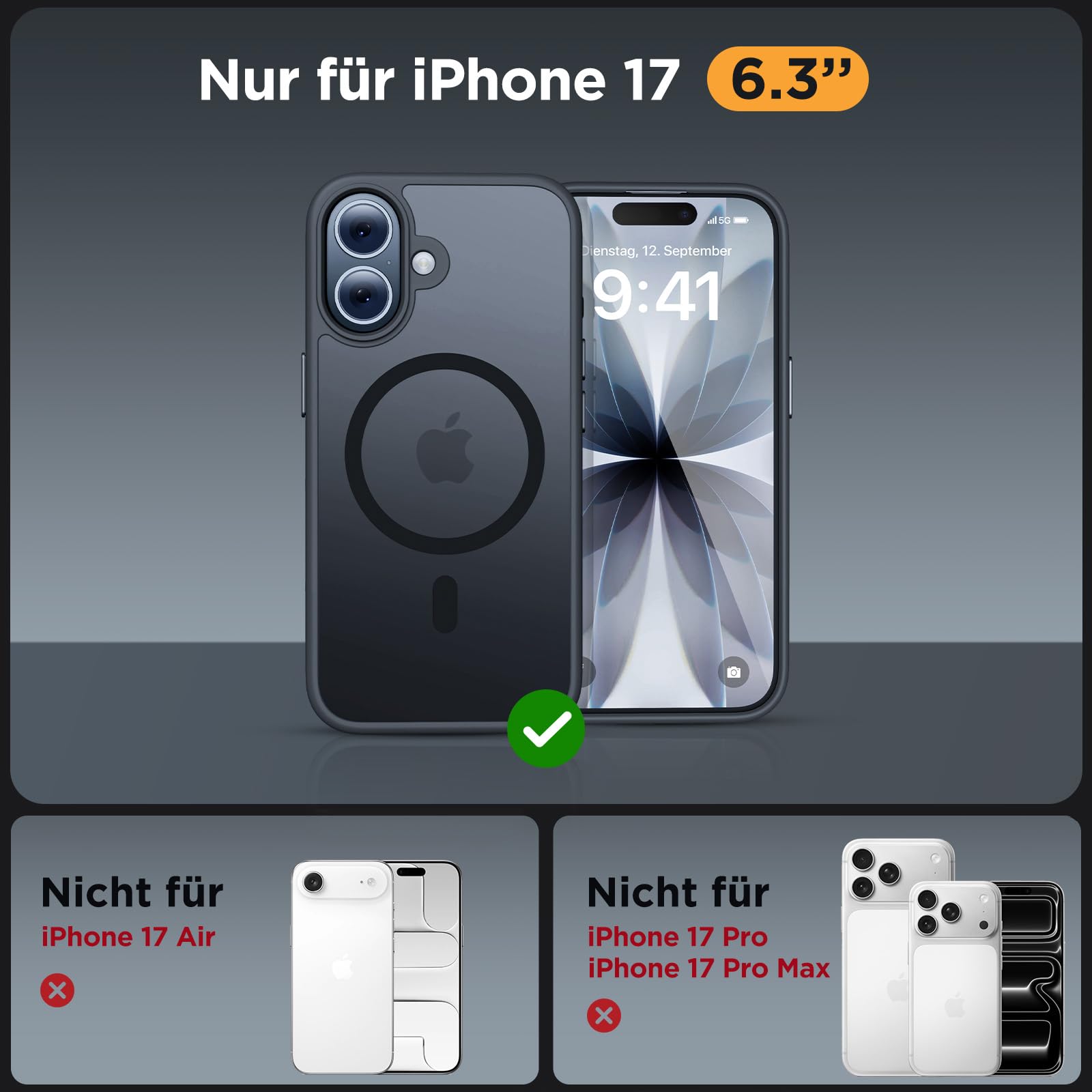 iPhone 17 Hülle – MagSafe, Gehärtetes Glas, Militärstandard, Stossfest, Mattschwarz, 6,3 Zoll