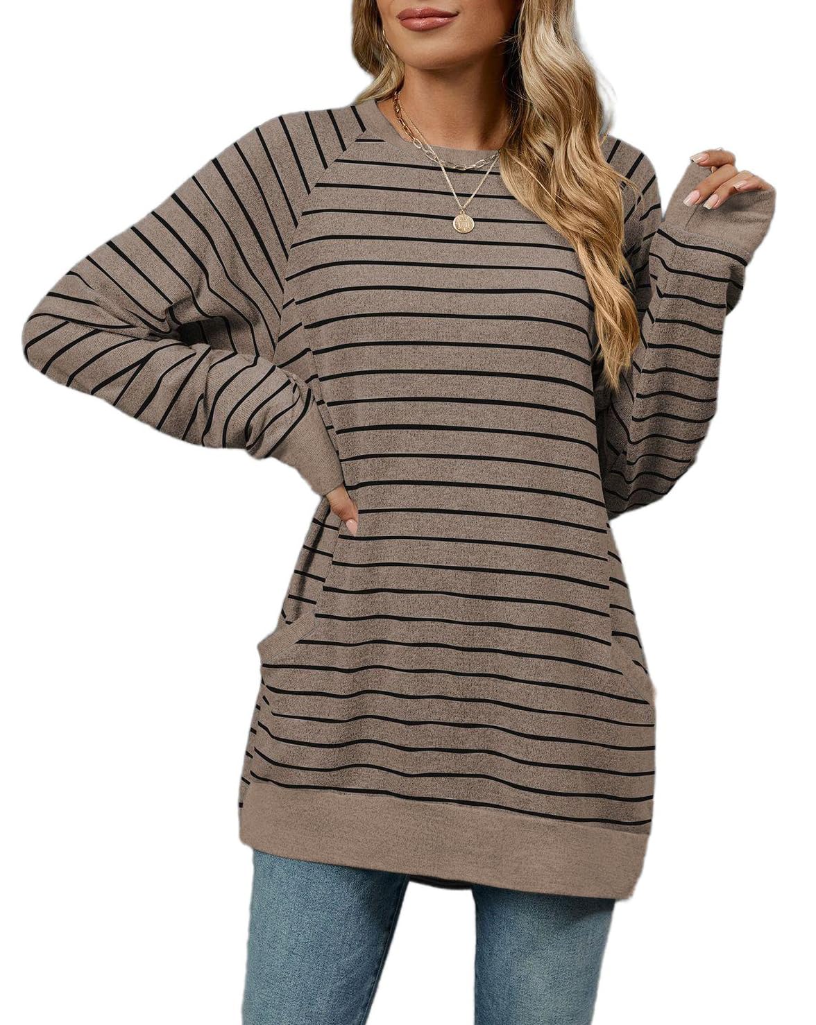 Damen Langer Pullover mit Taschen – Gestreift