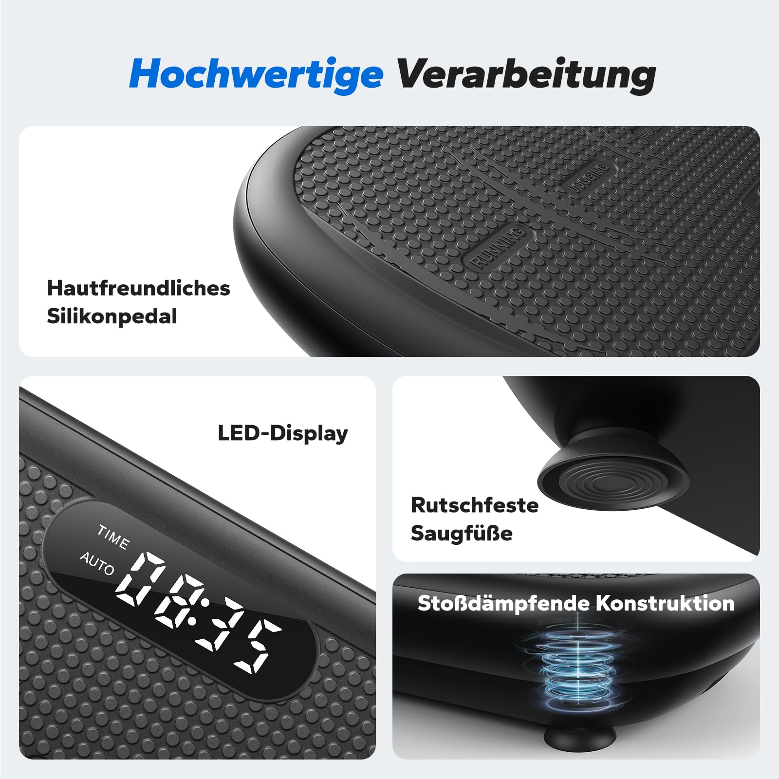 Vibrationsplatte 13mm Amplitude – 200kg Tragkraft, Bluetooth-Lautsprecher, Schwarz