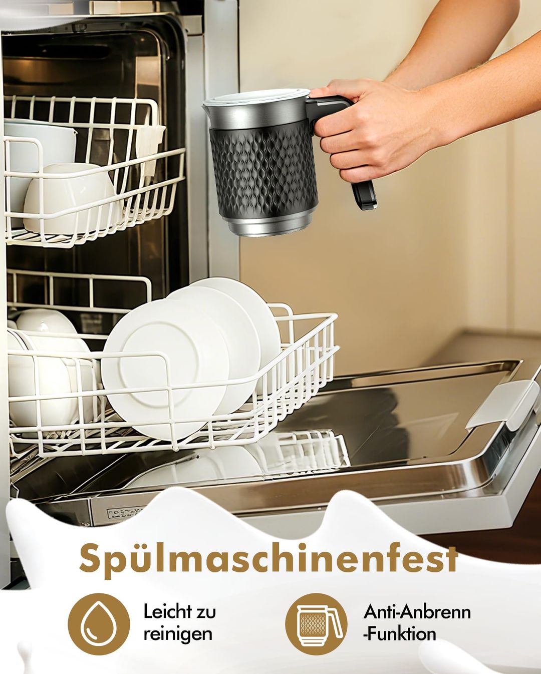 Elektrischer Milchaufschaeumer 5-in-1 Dampfer Schwarz spuelmaschinengeeignet –