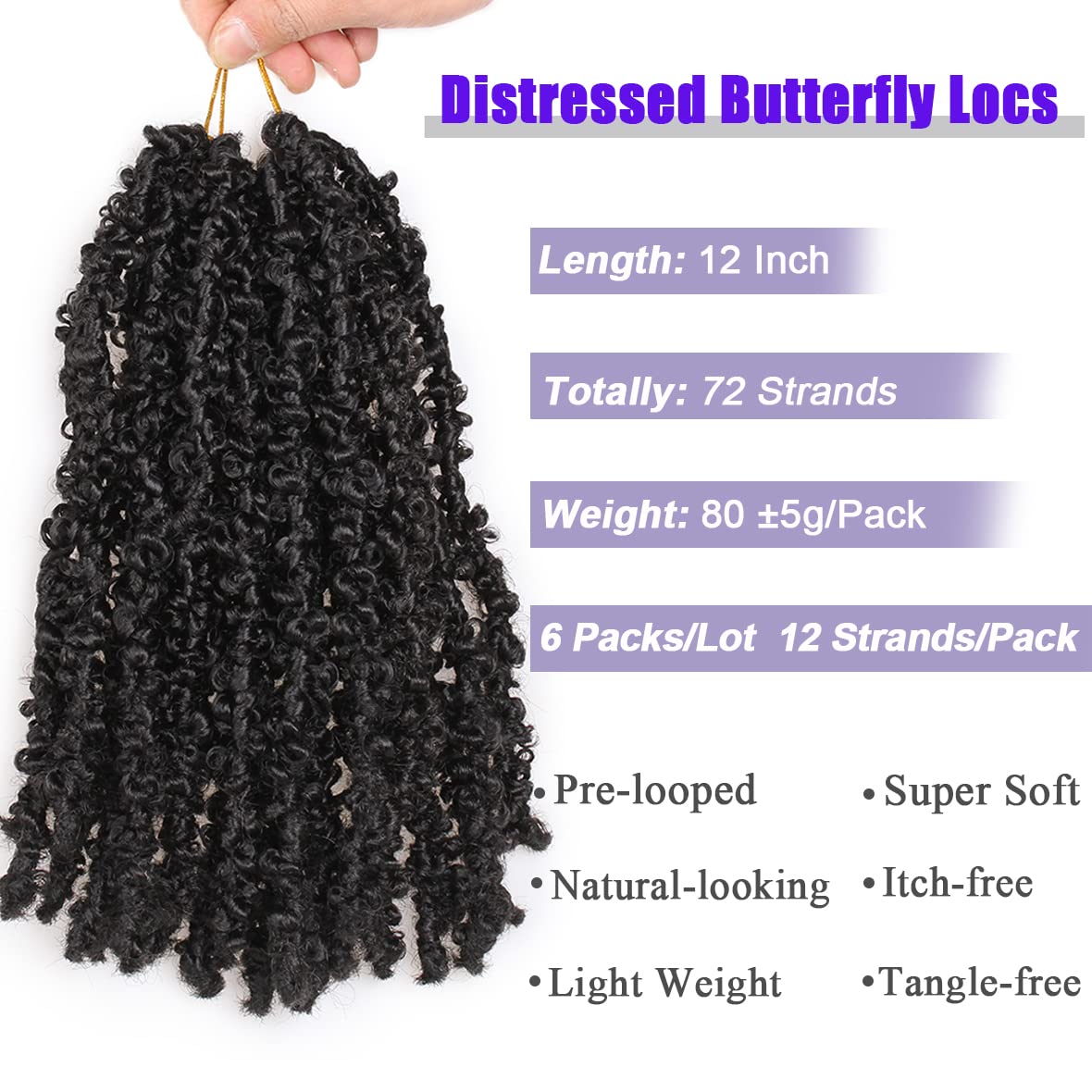 Leeven Butterfly Faux Locs – 12 Zoll, Synthetisches Häkelhaar, 1B#, 6 Packungen