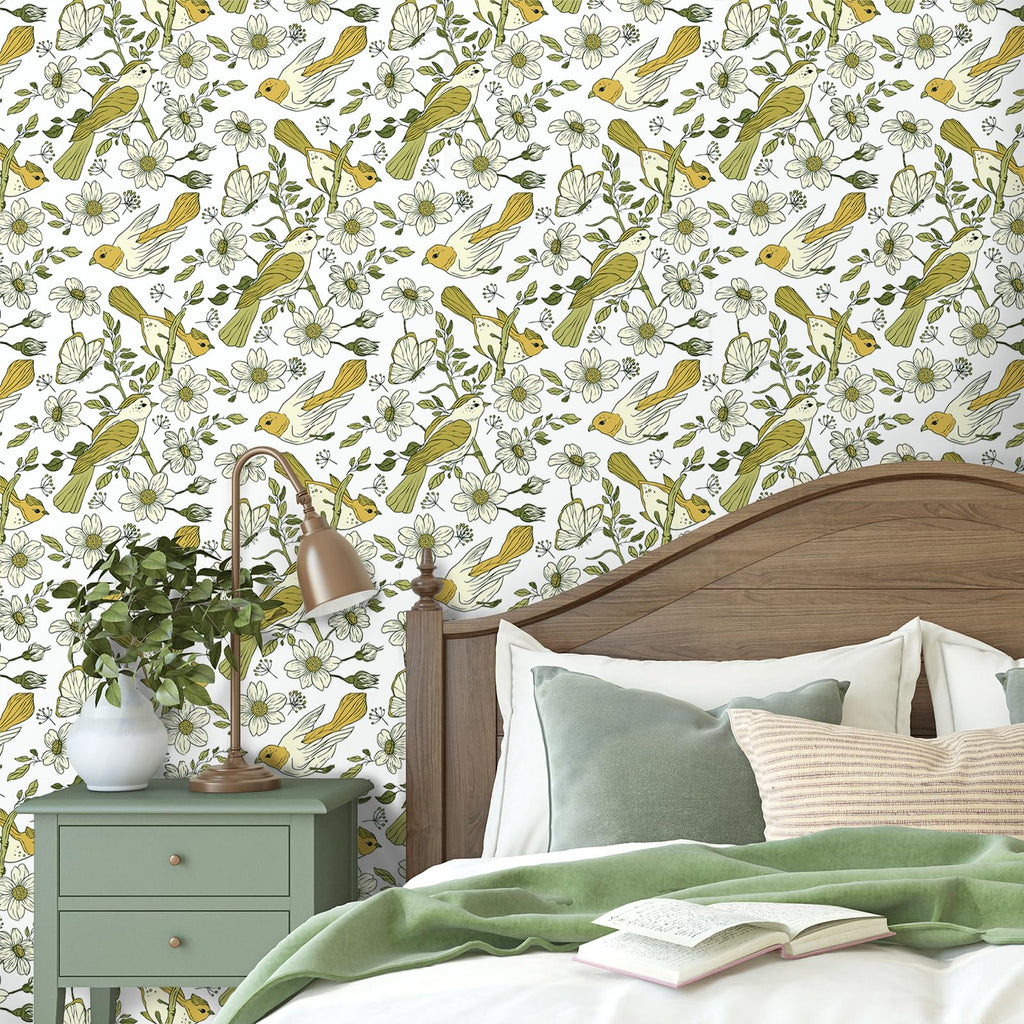 VaryPaper Selbstklebende Tapete Vogel und Blumen – Vintage Klebefolie Beige 44,5 x 200 cm