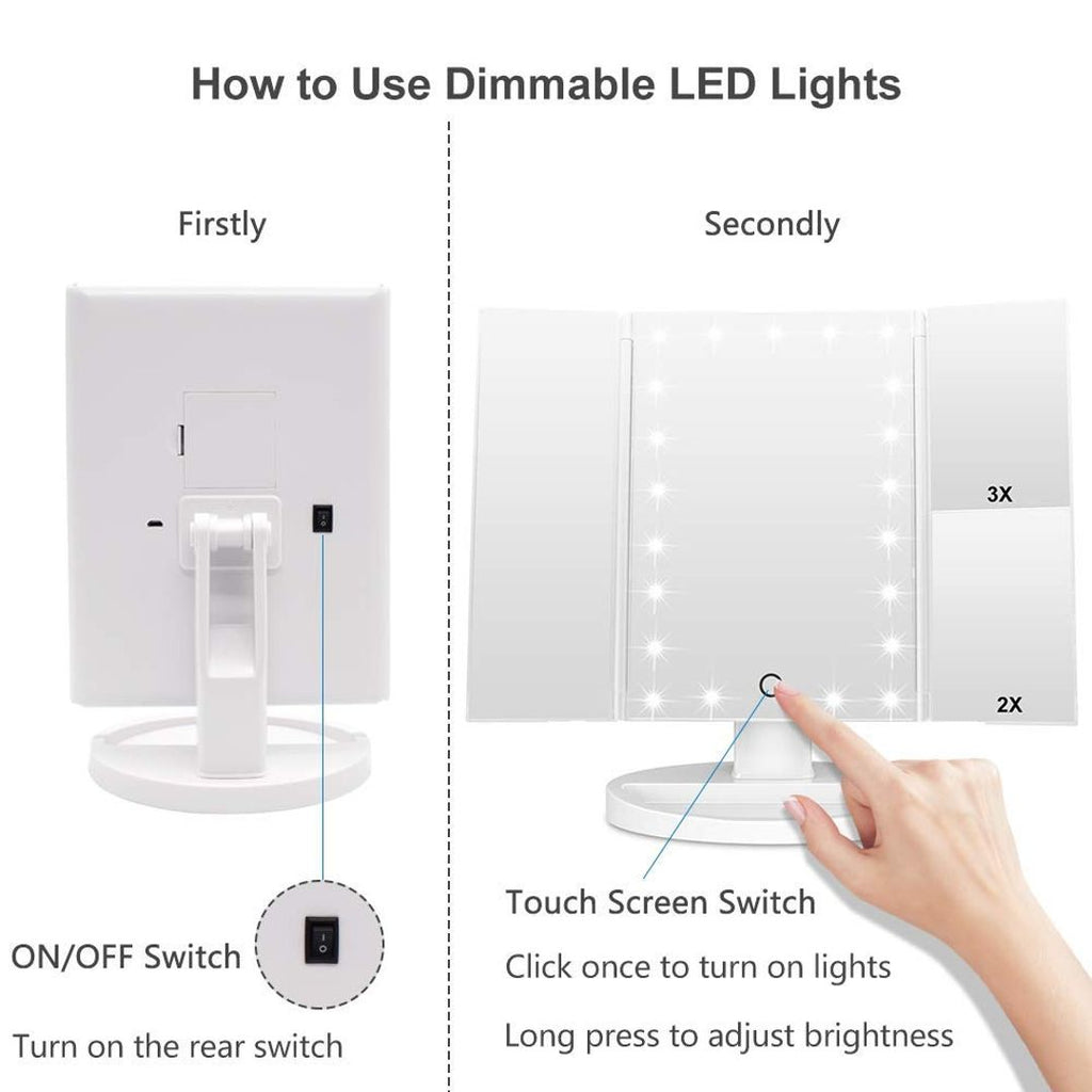 Schminkspiegel mit 21 LEDs – Dreifach, 2X/3X Vergrößerung, Touch-Schalter, Weiss