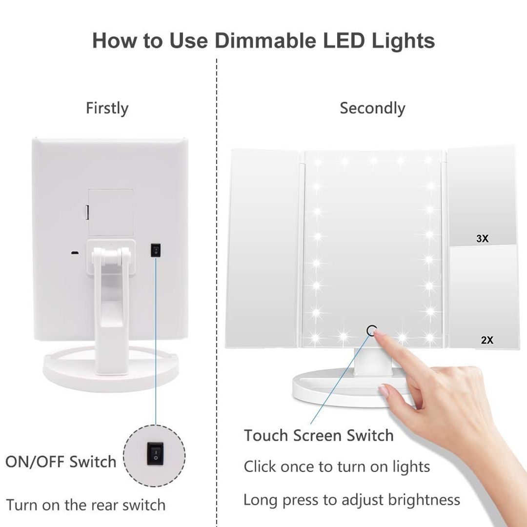 Schminkspiegel mit 21 LEDs – Dreifach, 2X/3X Vergrößerung, Touch-Schalter, Weiss