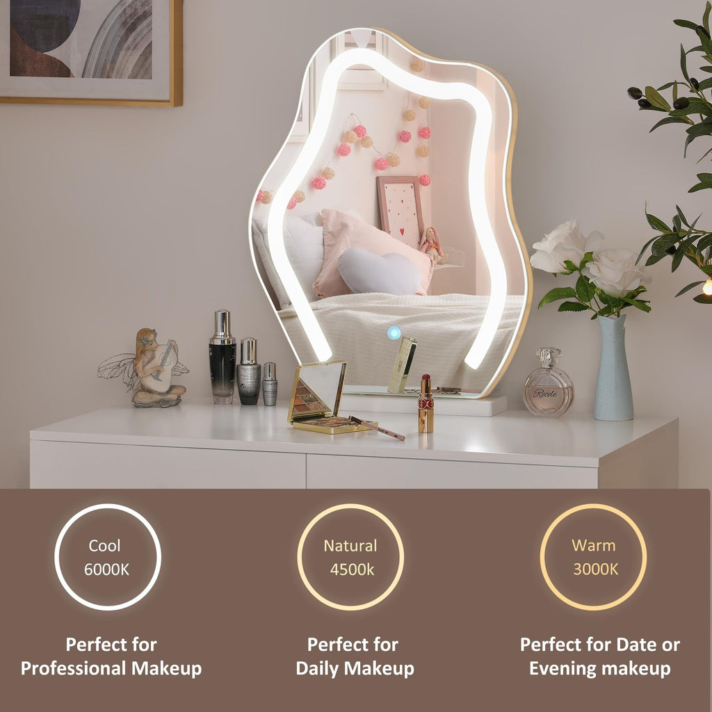 ANWBROAD Schminktisch mit LED-Spiegel und Hocker – 3 Farbmodi, Dimmfunktion, Weiss BDT52W