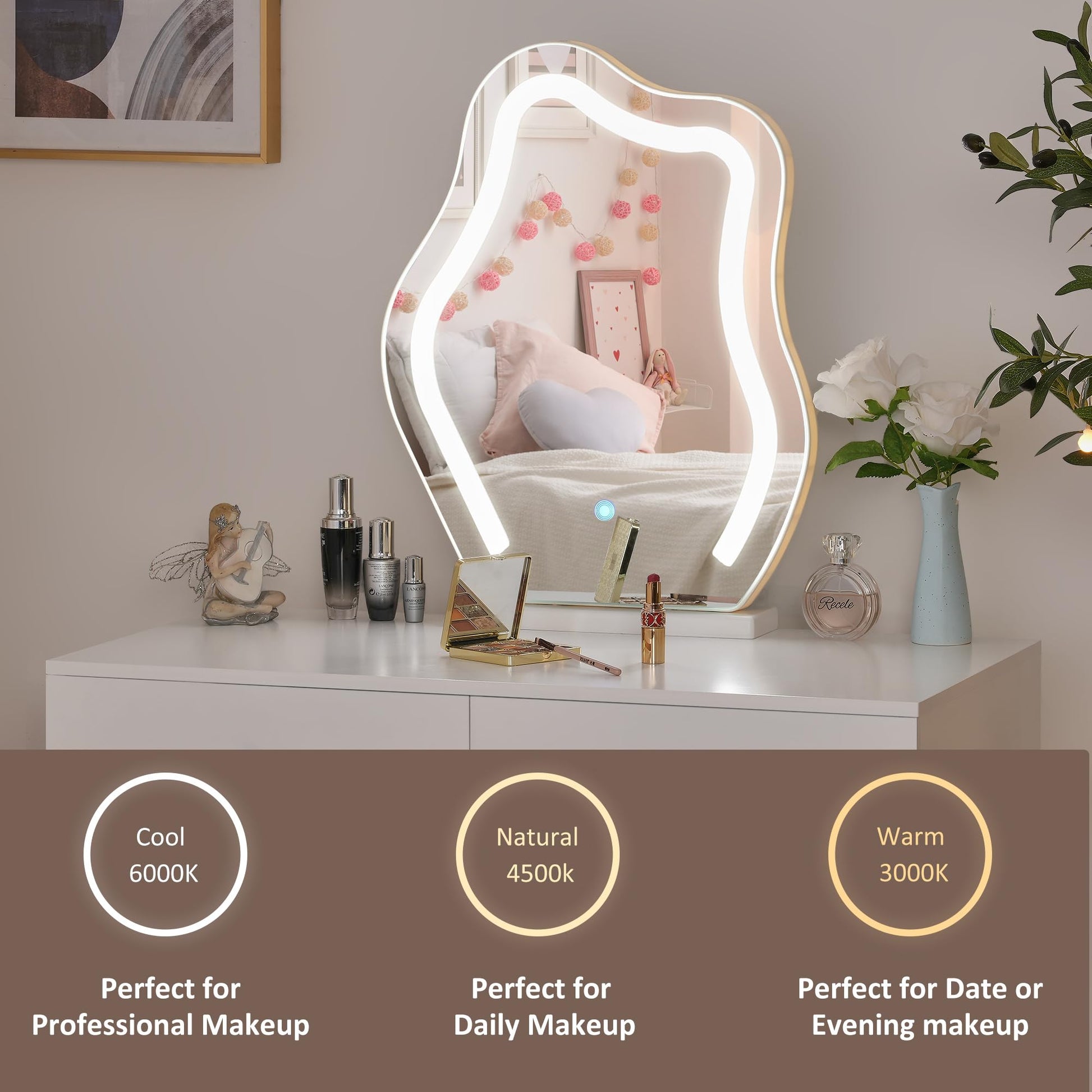 ANWBROAD Schminktisch mit LED-Spiegel und Hocker – 3 Farbmodi, Dimmfunktion, Weiss BDT52W