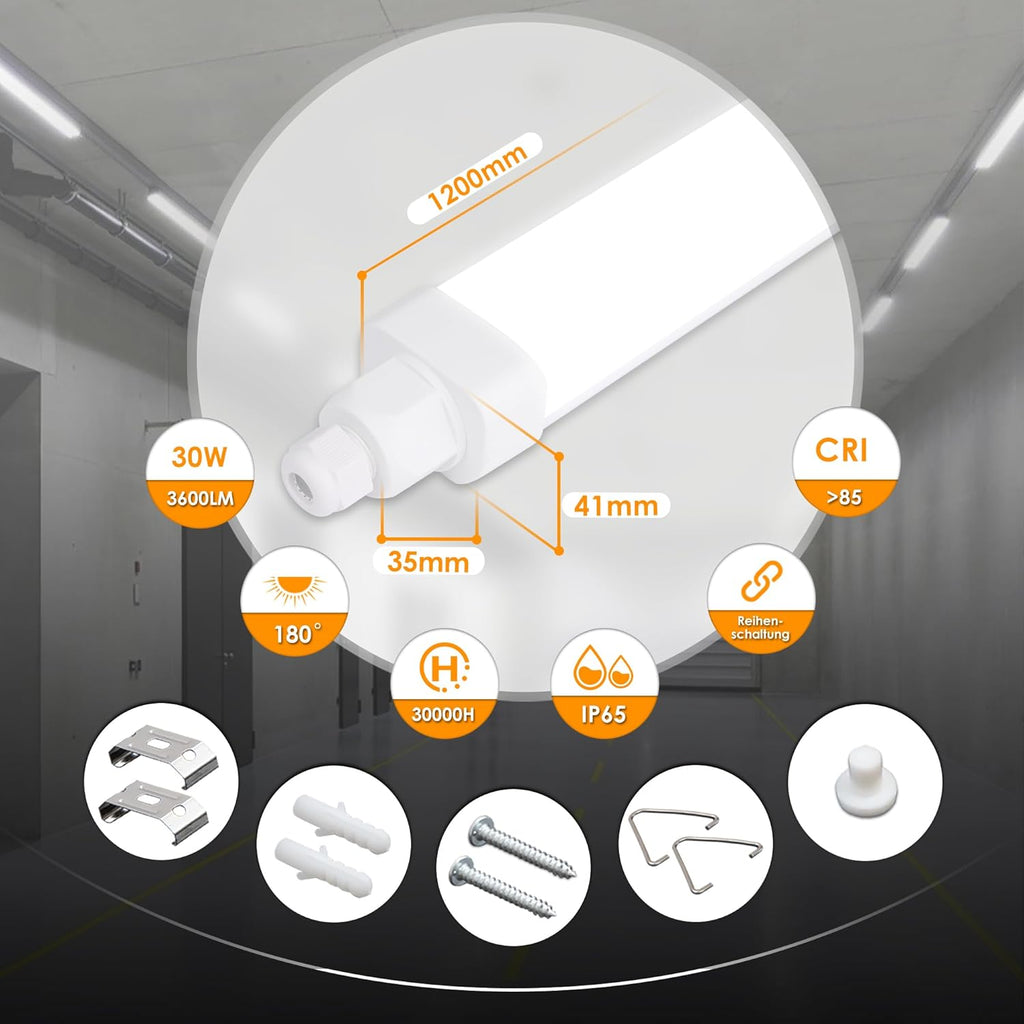 Влагоустойчива LED лампа Allesin 120 см, 30 W, 3600 lm LED тръба, студено бяла 6500 K,