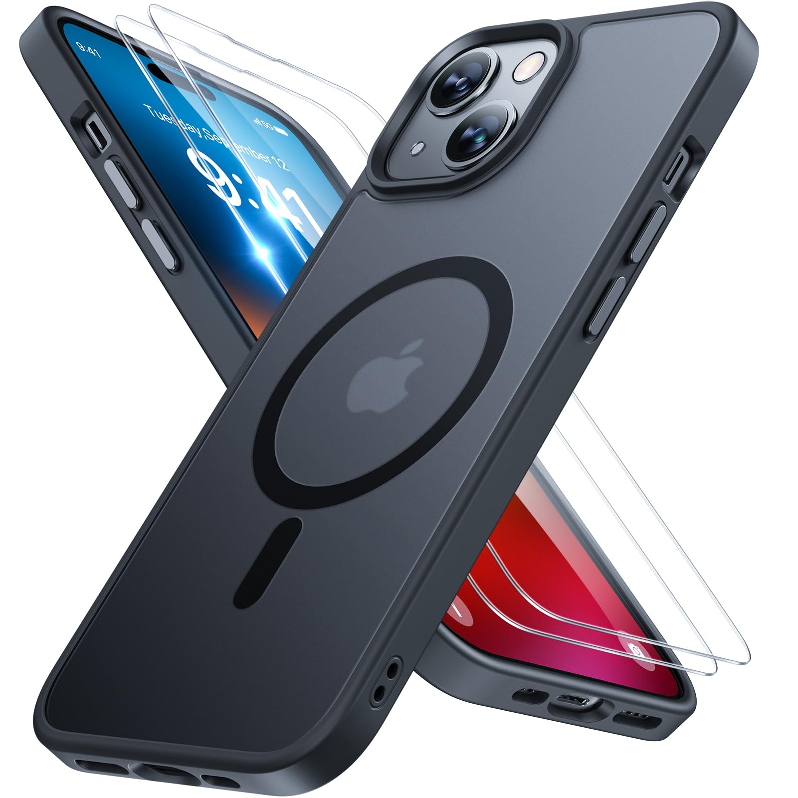 Miracase Magnetische Hülle – iPhone 15, 2 Displayschutzfolien, Militärstandard, Schwarz