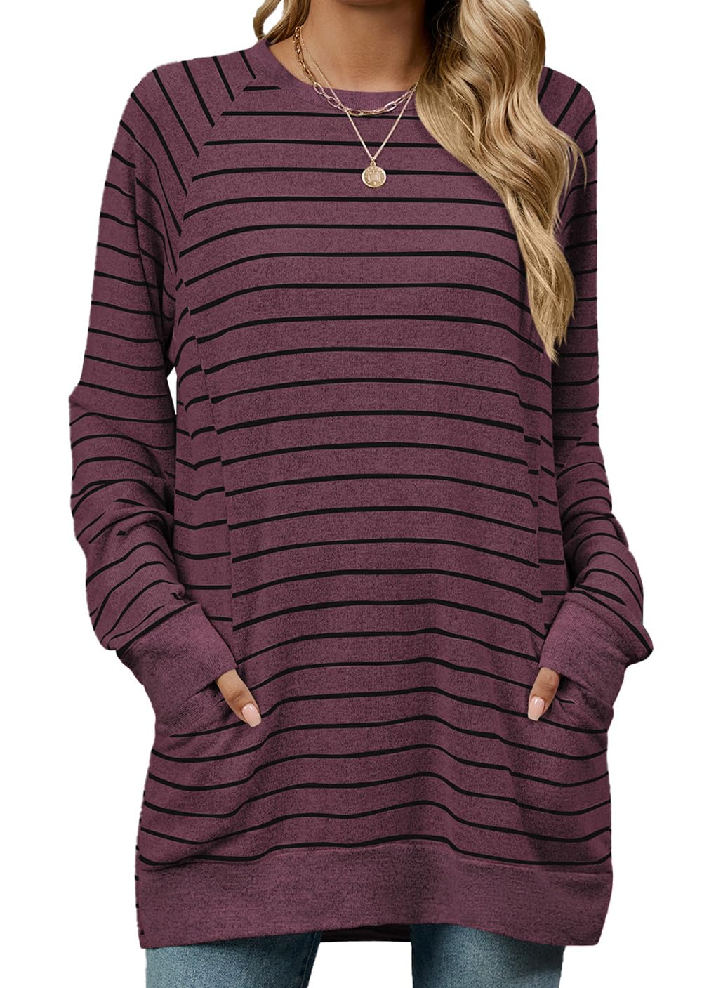 Damen Langer Pullover mit Taschen – Gestreift