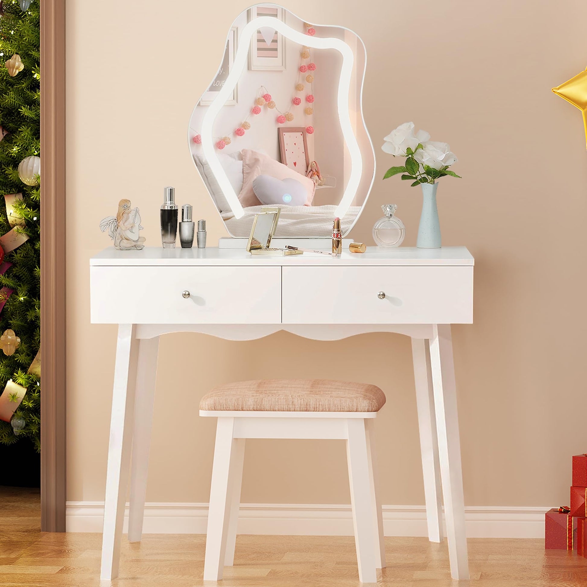 ANWBROAD Schminktisch mit LED-Spiegel und Hocker – 3 Farbmodi, Dimmfunktion, Weiss BDT52W