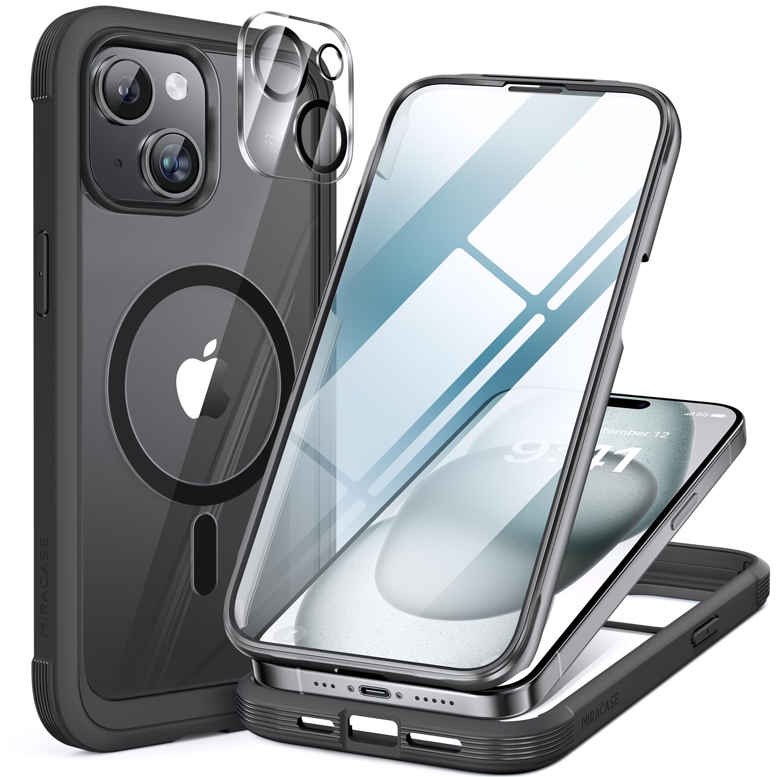 Miracase 360-Grad-Hülle – iPhone 15, MagSafe, Glasschutz, Schwarz, 6,1 Zoll
