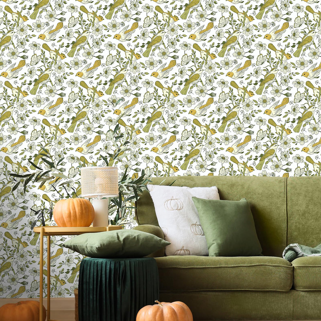 VaryPaper Selbstklebende Tapete Vogel und Blumen – Vintage Klebefolie Beige 44,5 x 200 cm