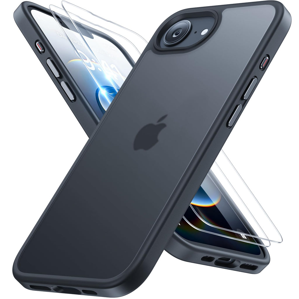iPhone 16e Hülle – 360-Grad-Rundumschutz, Militärstandard, 2 Displayschutzfolien, Mattschwarz, 6,1 Zoll