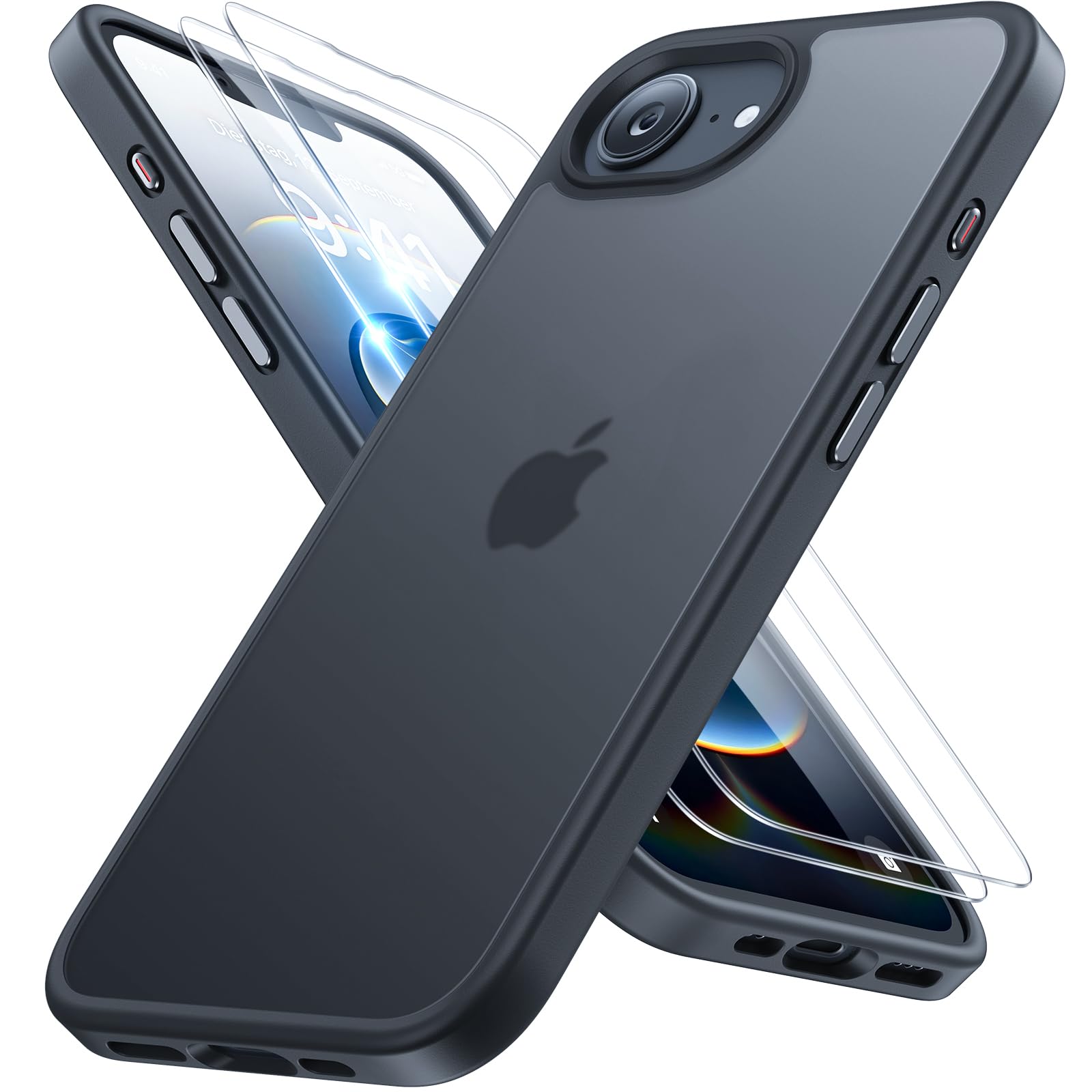 iPhone 16e Hülle – 360-Grad-Rundumschutz, Militärstandard, 2 Displayschutzfolien, Mattschwarz, 6,1 Zoll