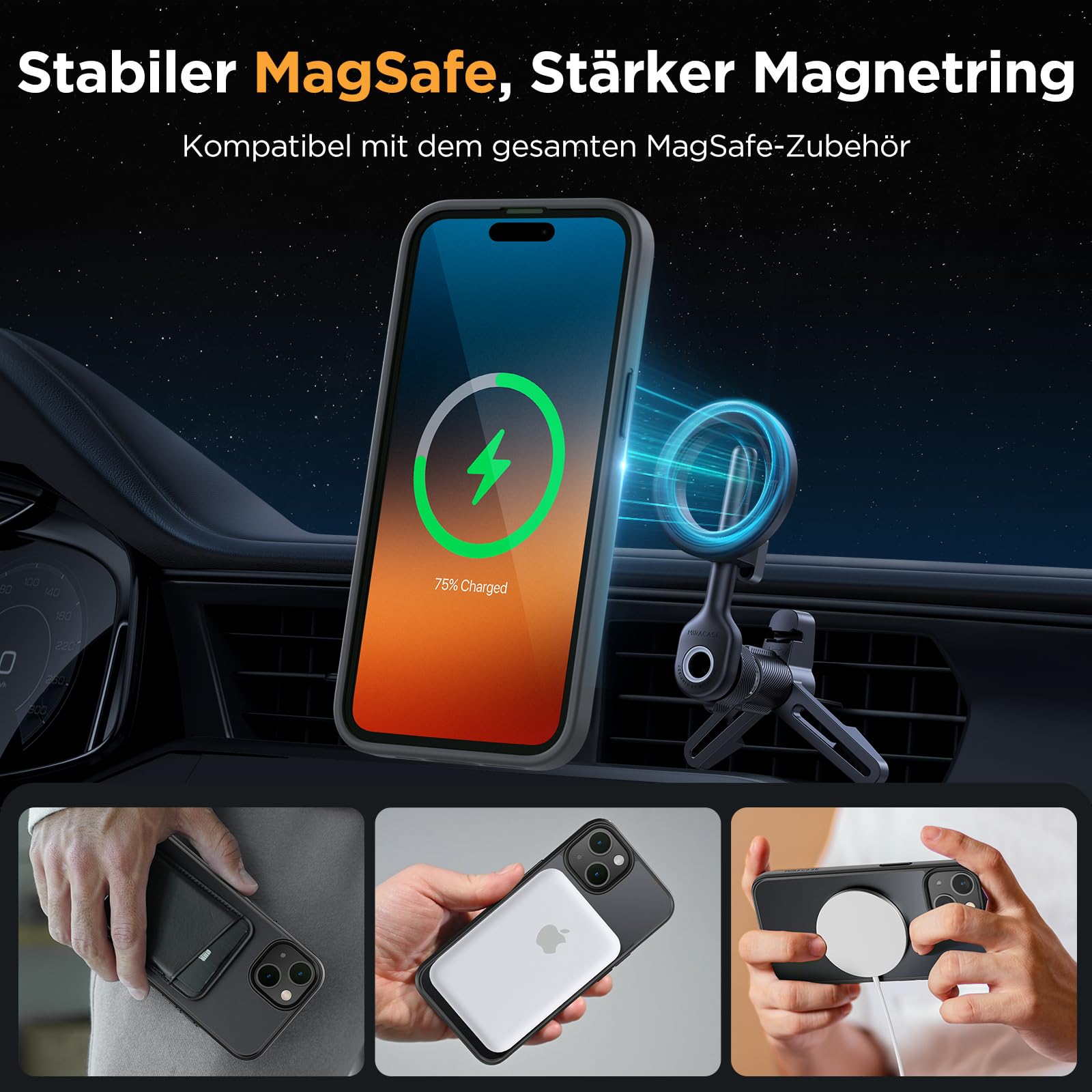 Miracase Magnetische Hülle – iPhone 15, 2 Displayschutzfolien, Militärstandard, Schwarz