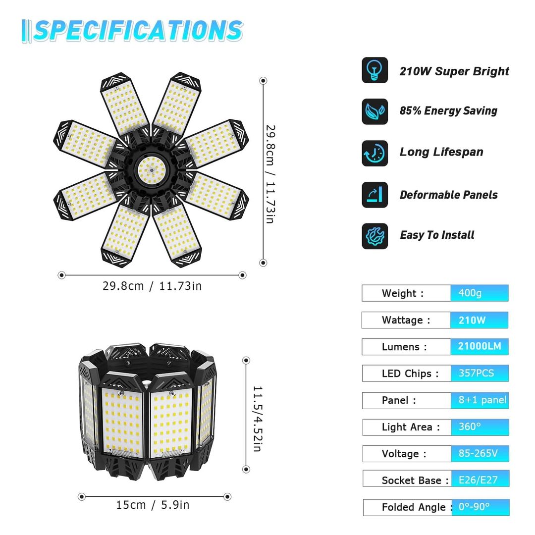 LED Garagenlicht 210W – 8+1 Verstellbare Panels, 21.000lm, 6500K Kaltweiß