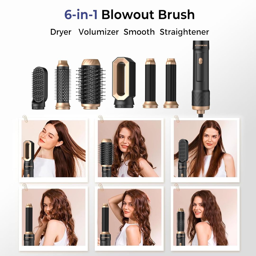 6-in-1 Heißluftbürste Haarstyler 1000W Ionic – Lockenbürste, Föhn & Glätter in einem
