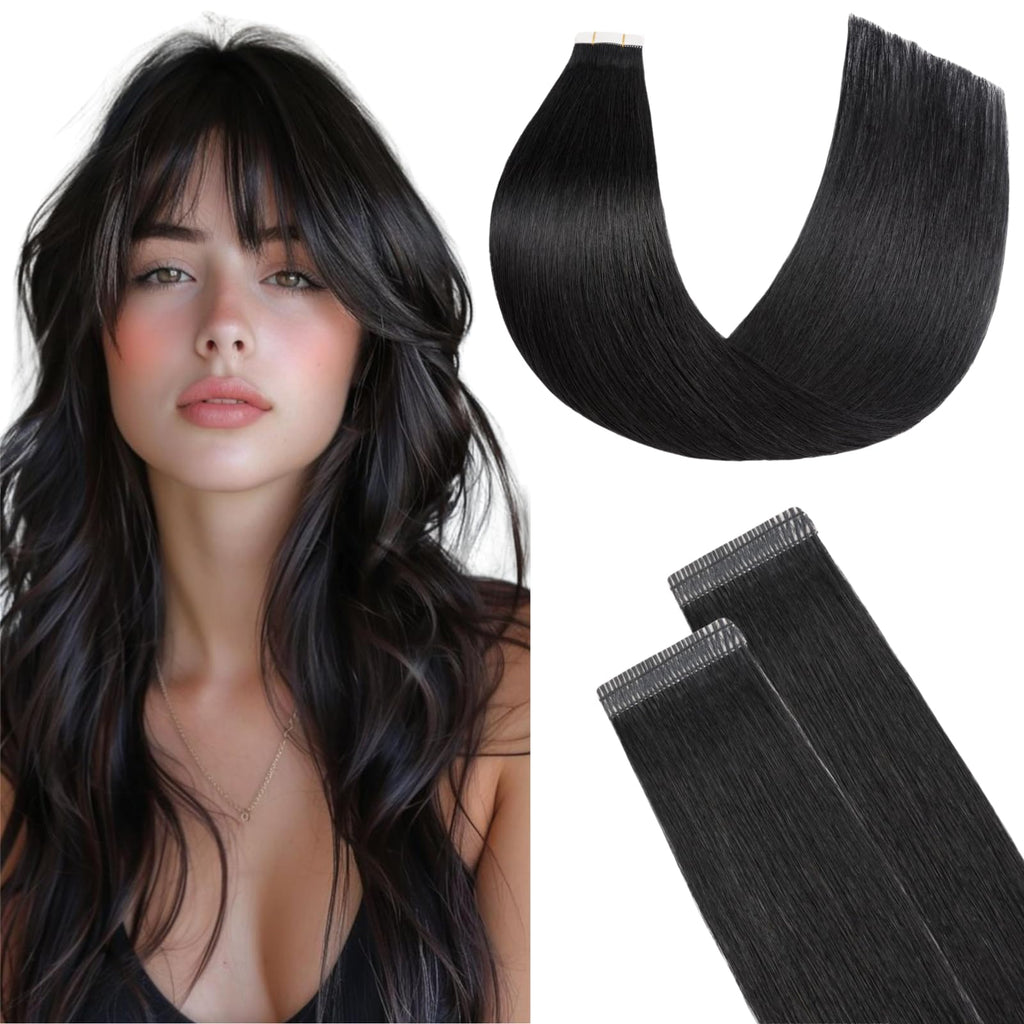 Tape-in Haarverlängerungen Echthaar doppelt genäht 20 Teile – Schwarz 35 cm
