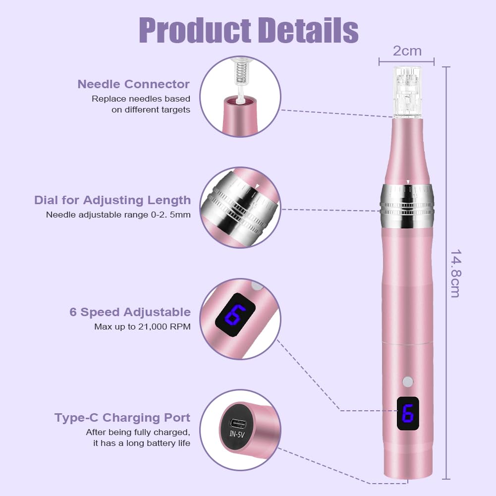 Vicloon Elektrischer Microneedling Pen – LCD-Display, 5 Stufen, Pink