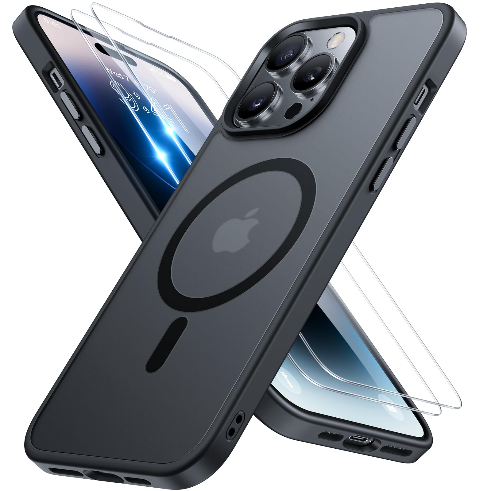 Miracase Hülle – iPhone 14 Pro, 2 Displayschutzfolien, Militärstandard, Mattschwarz