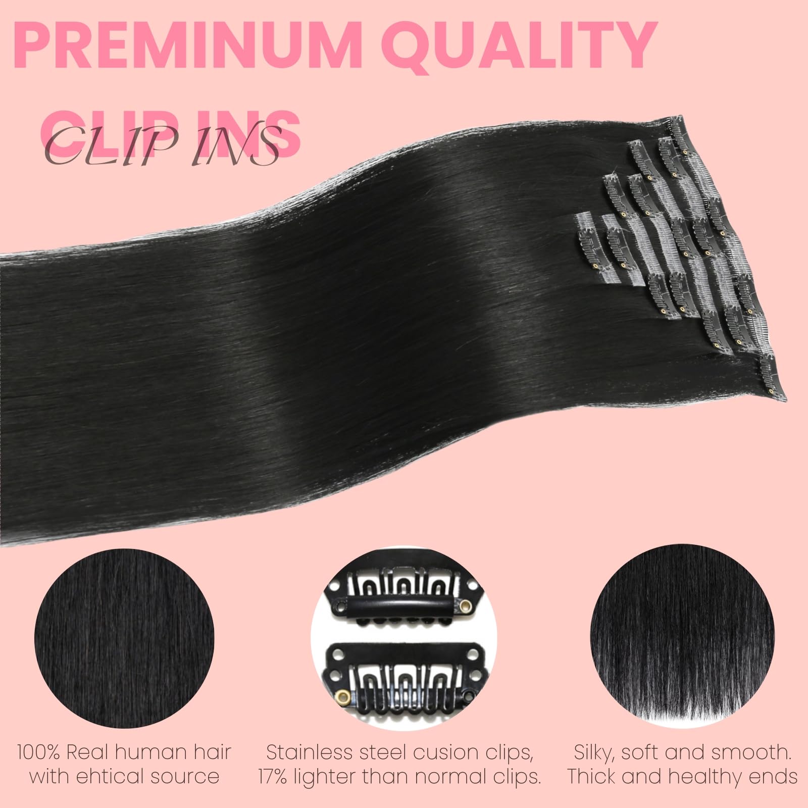 FUOTONBUTY Clip-in Extensions Echthaar, Schwarz, 90g