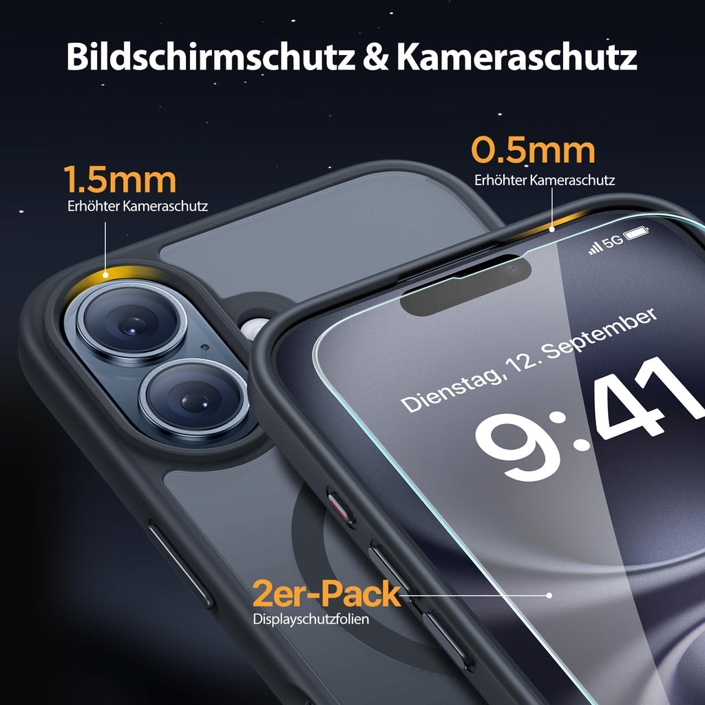 Magnetische Hülle – iPhone 16, MagSafe, 2 Displayschutzfolien, Schwarz Slim