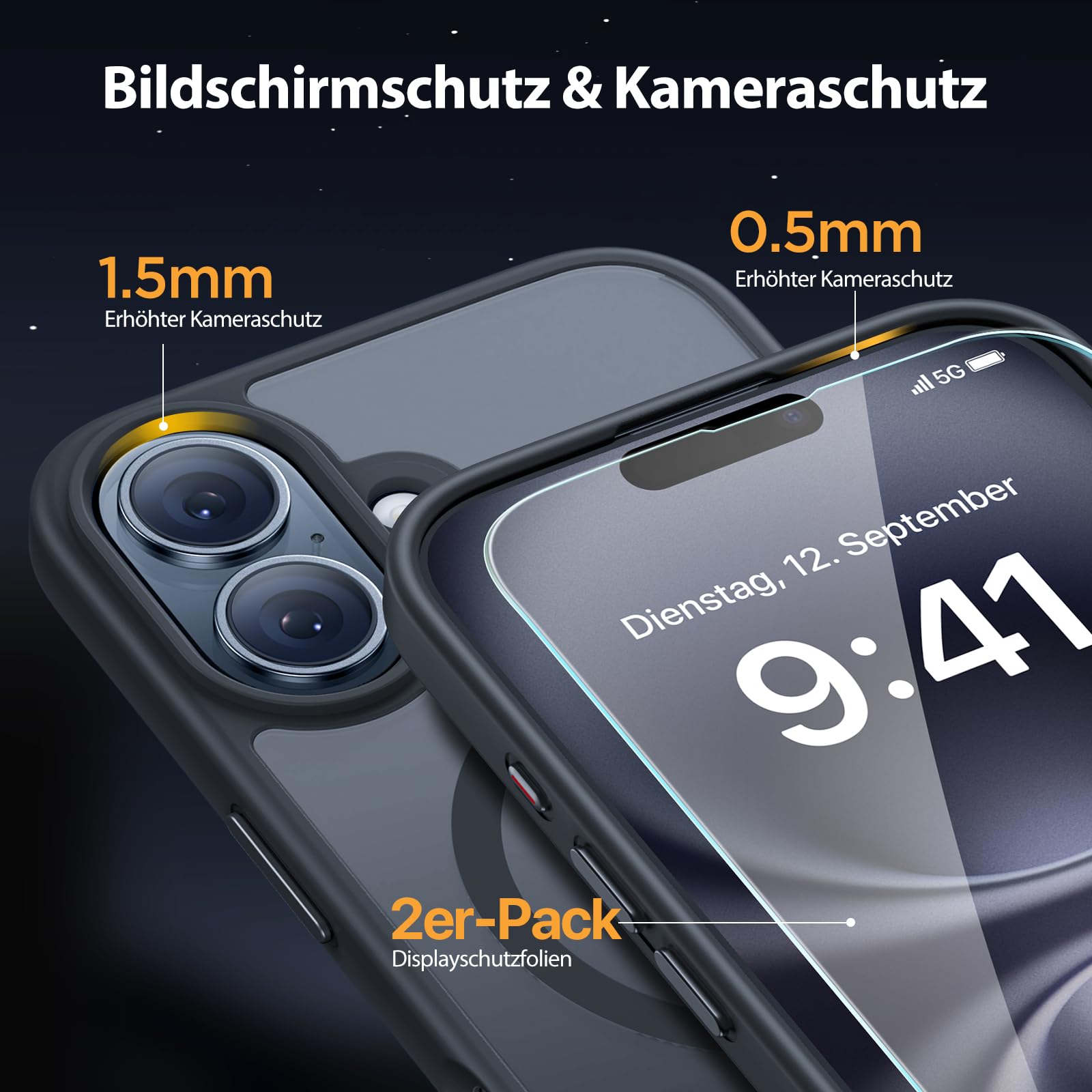 Magnetische Hülle – iPhone 16, MagSafe, 2 Displayschutzfolien, Schwarz Slim