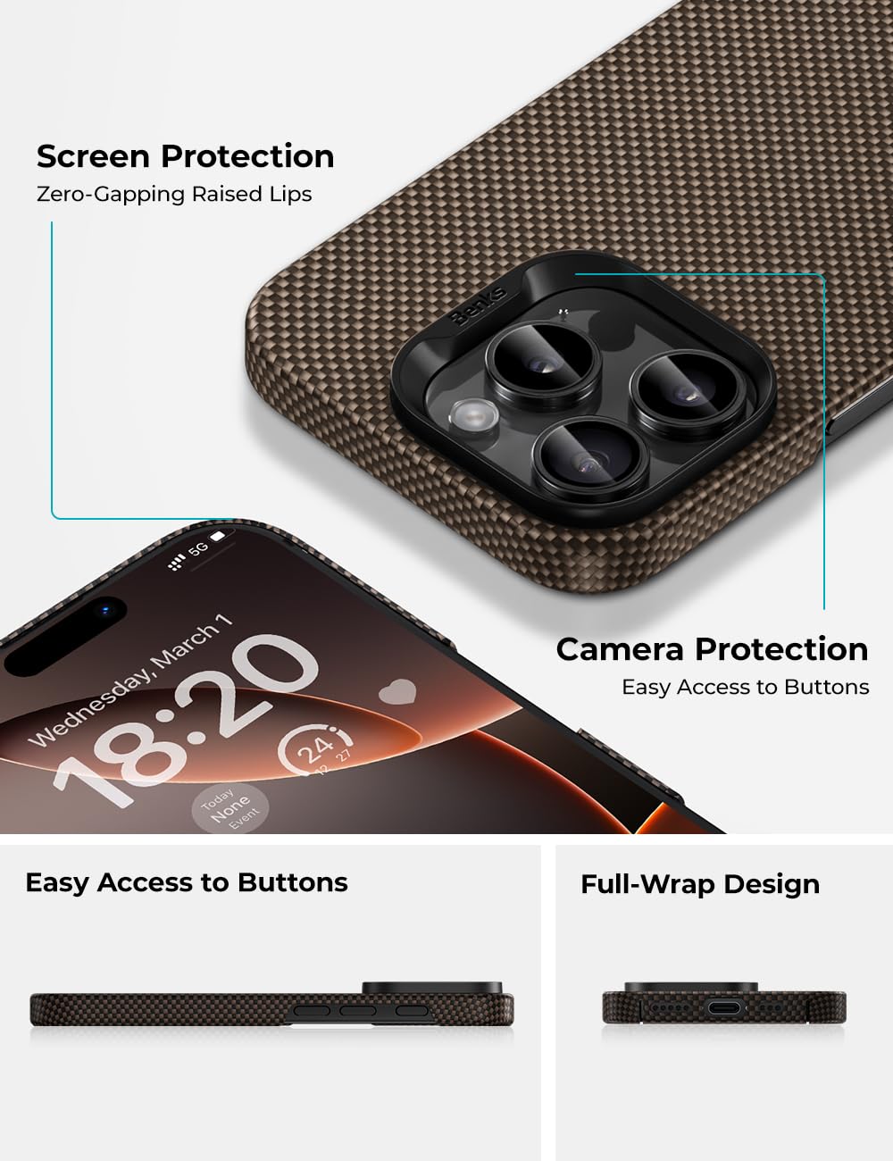 BENKS ArmorTint Hülle – iPhone 16 Pro, MagSafe, Kevlar Aramidfaser, Kameraschutz, Goldene Morgenröte