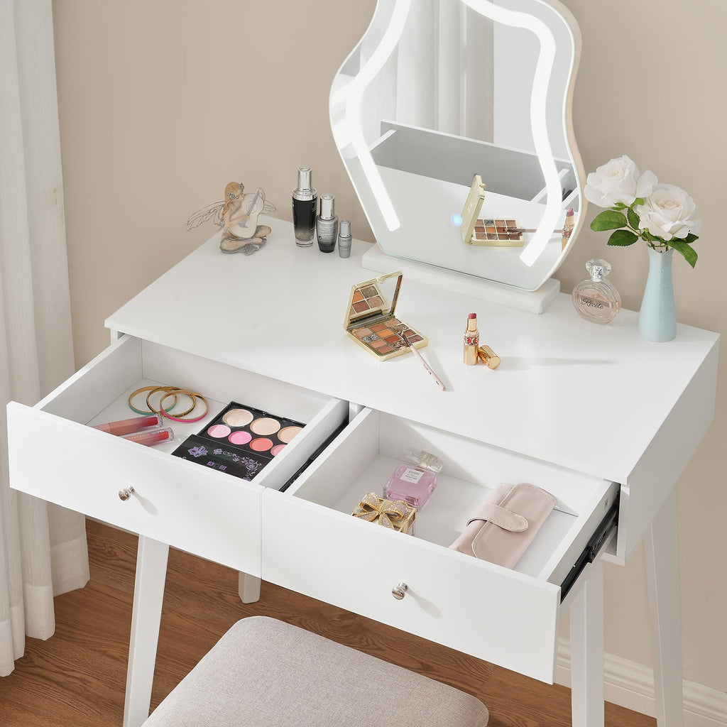 ANWBROAD Schminktisch mit LED-Spiegel und Hocker – 3 Farbmodi, Dimmfunktion, Weiss BDT52W