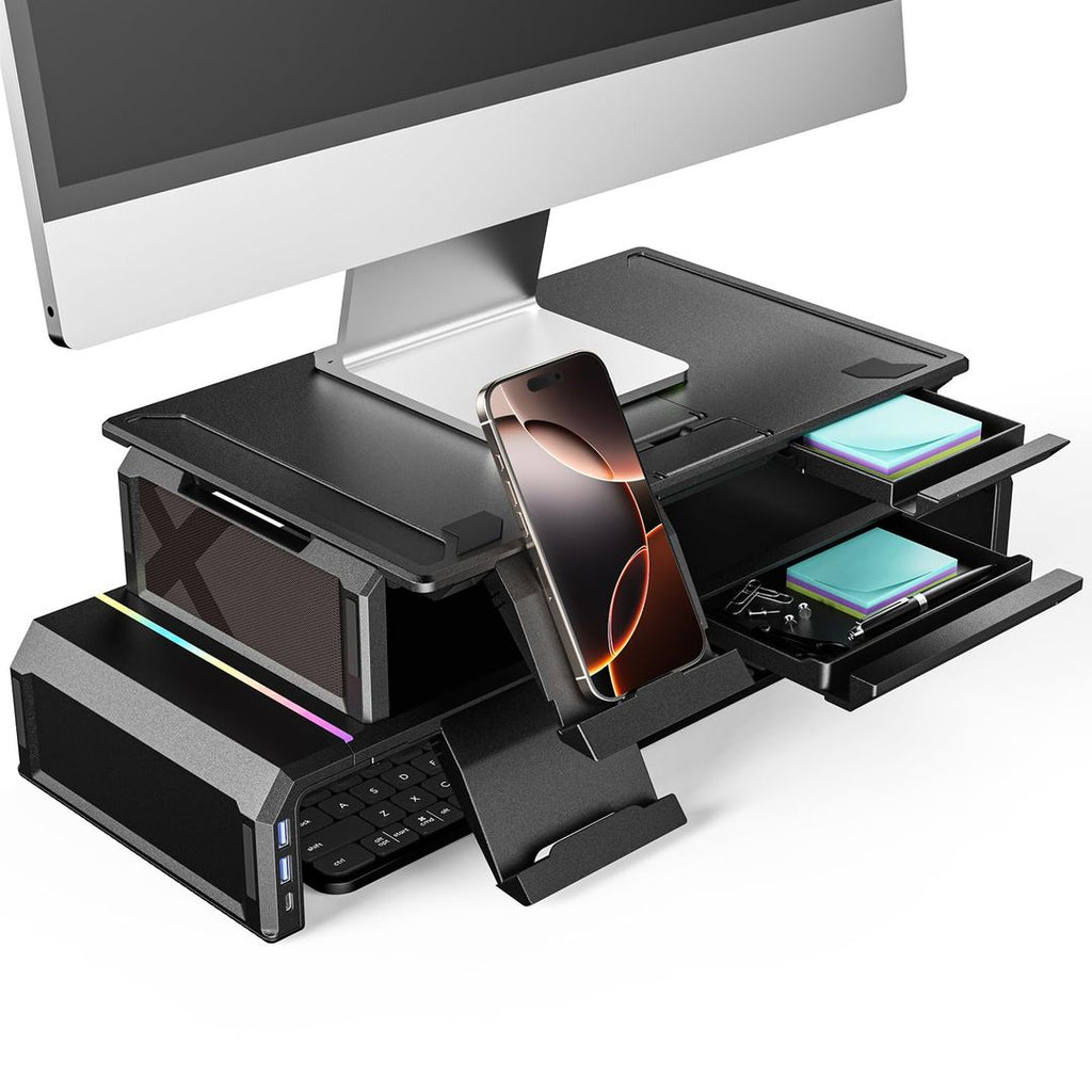 Dual-Monitor-Ständer/Desktop-Organizer mit Schublade/RGB-Licht, Tastatur