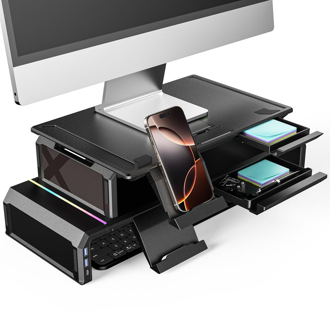 Dual-Monitor-Ständer/Desktop-Organizer mit Schublade/RGB-Licht, Tastatur