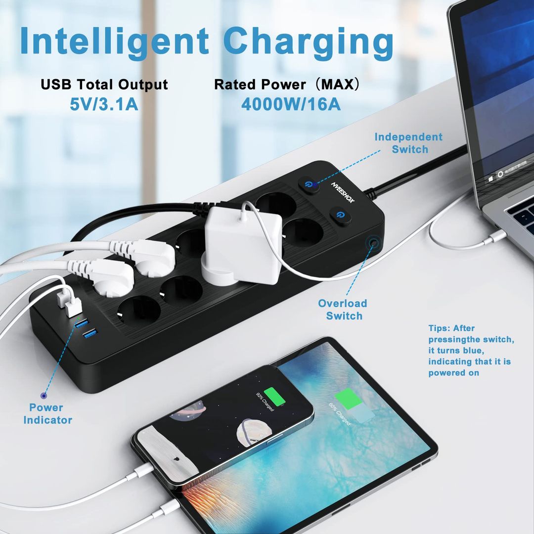 Steckdosenleiste 10-fach Einzeln Schaltbar – 4 USB, Überspannungsschutz, 5m Kabel