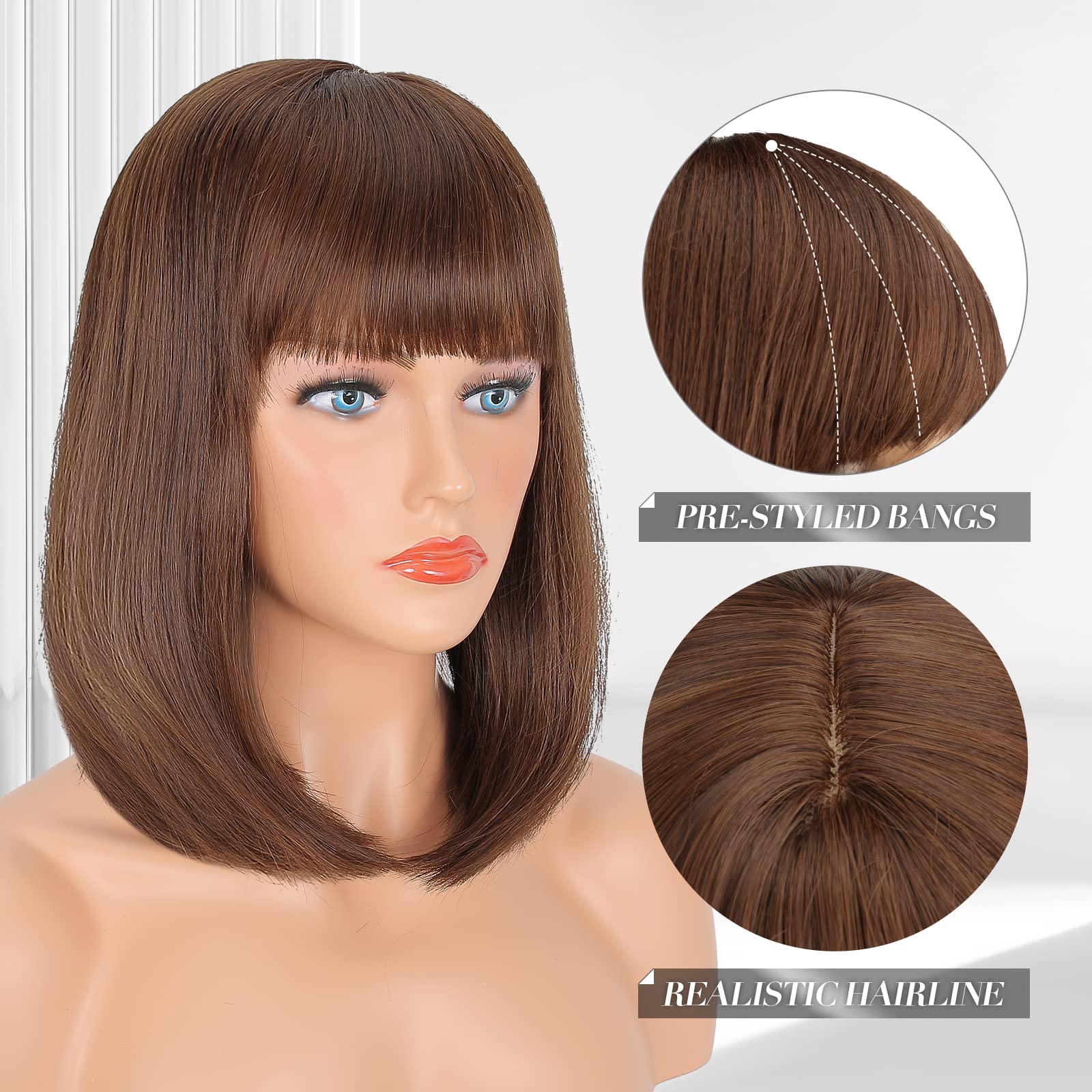 ESHFEN Blonde gewellte Perücke mit Pony – Langer Bob, synthetisch, 35 cm